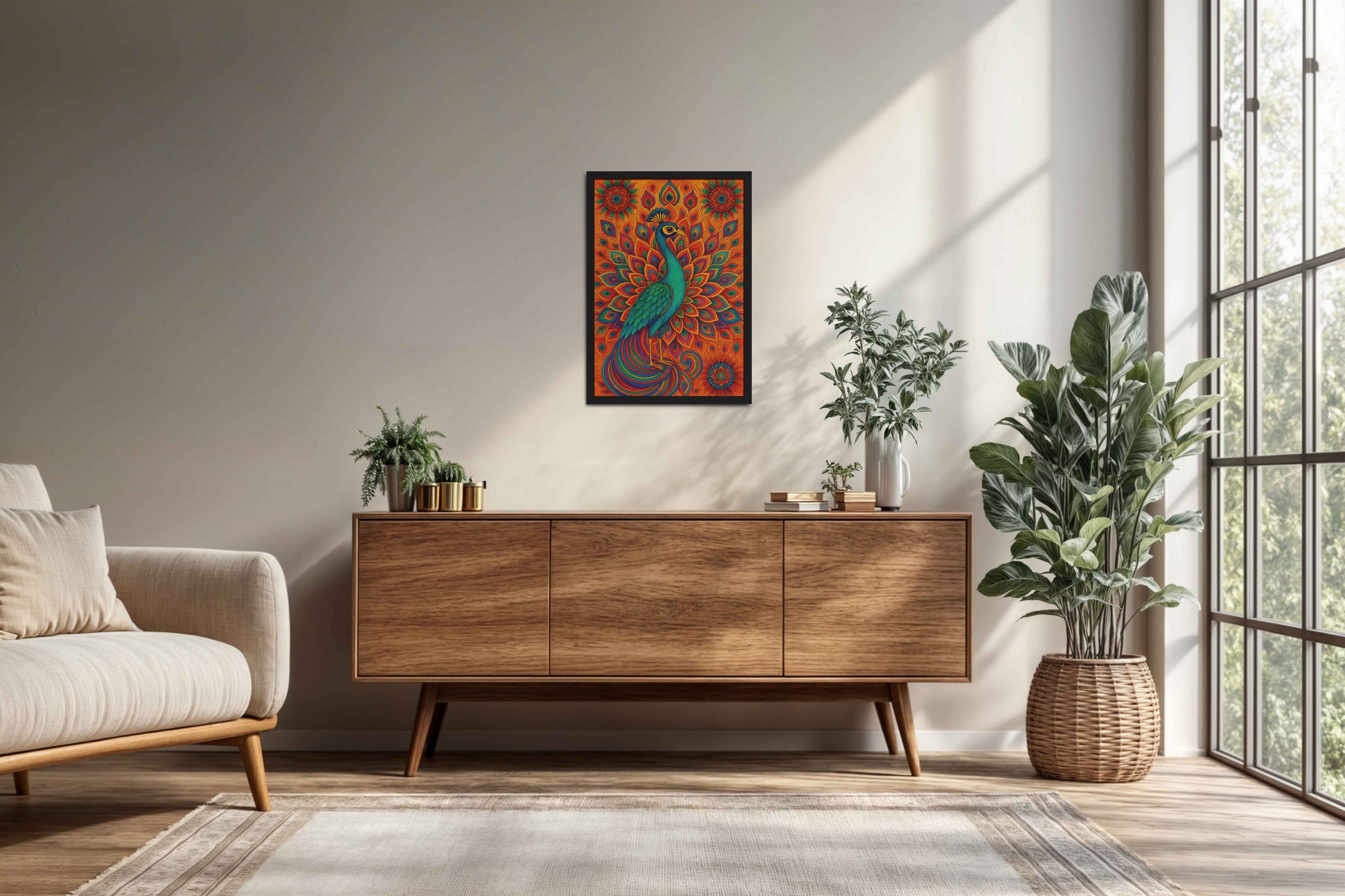 Living Room Cabinet Preview of Serenity in Feathers – Peacock Mandala Wall Art in Black Color Frame