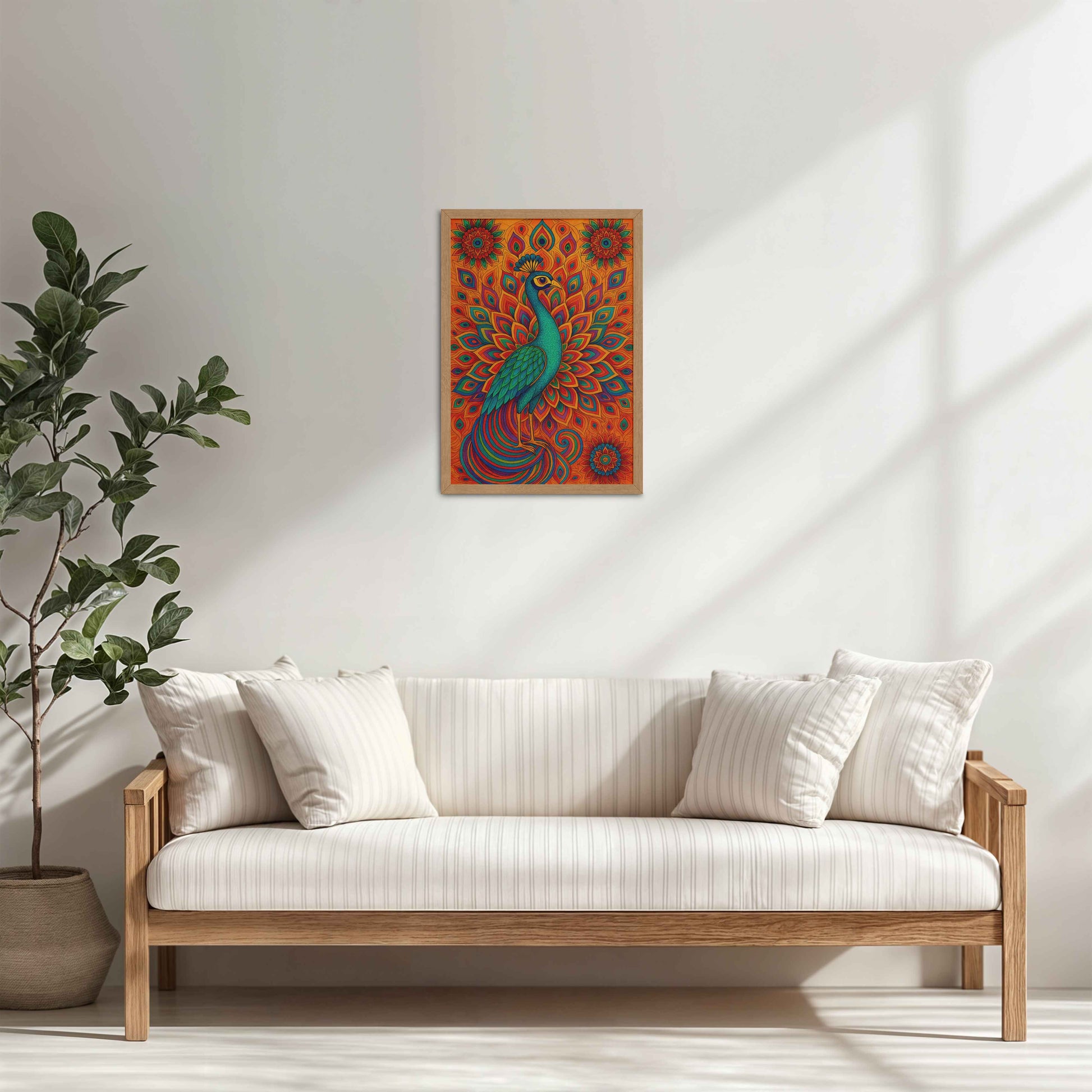 Living Room Cabinet Table Preview of Serenity in Feathers – Peacock Mandala Wall Art in Natrual Color Frame