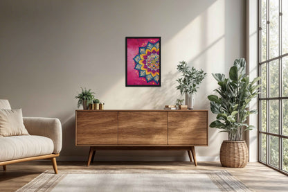 Living Room Cabinet Preview of Circle of Petals – Floral Mandala Art in Black Color Frame