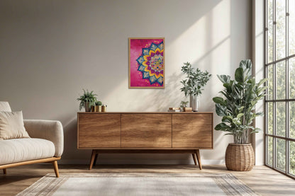 Living Room Cabinet Preview of Circle of Petals – Floral Mandala Art in Natrual Color Frame