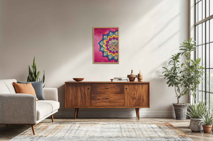 Living Room Sofa Preview of Circle of Petals – Floral Mandala Art in Natrual Color Frame