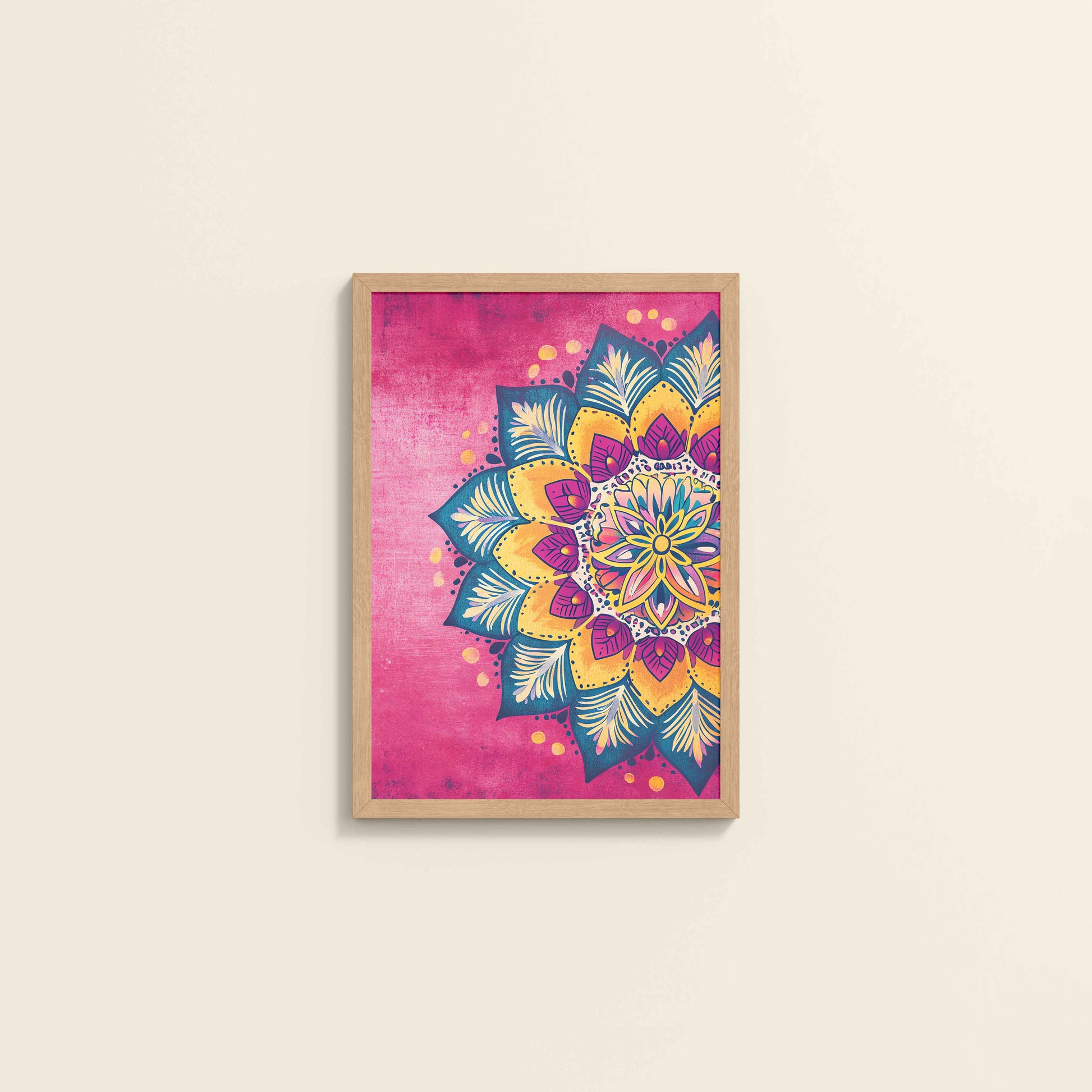 Wall View of Circle of Petals – Floral Mandala Art in Natrual Color Frame