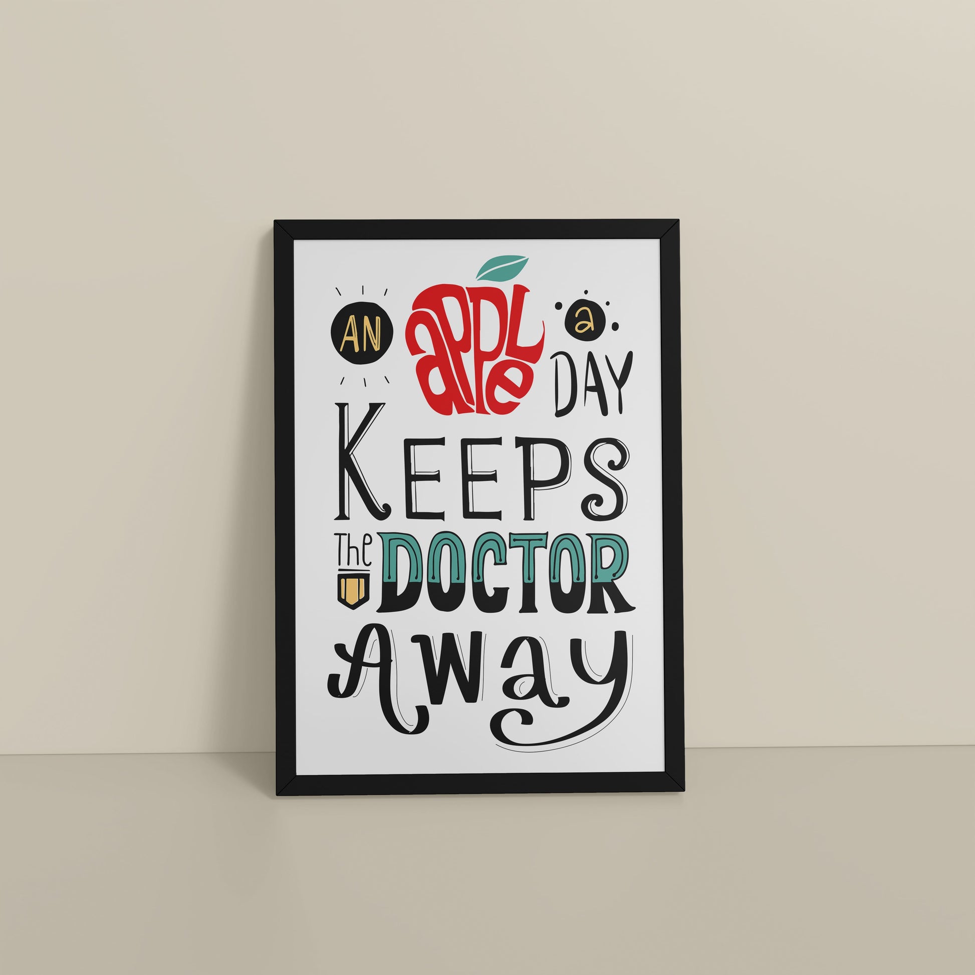 Floor View of One Apple Away – Keeps the Doctor Away Quote Wall Art in Black Color Frame