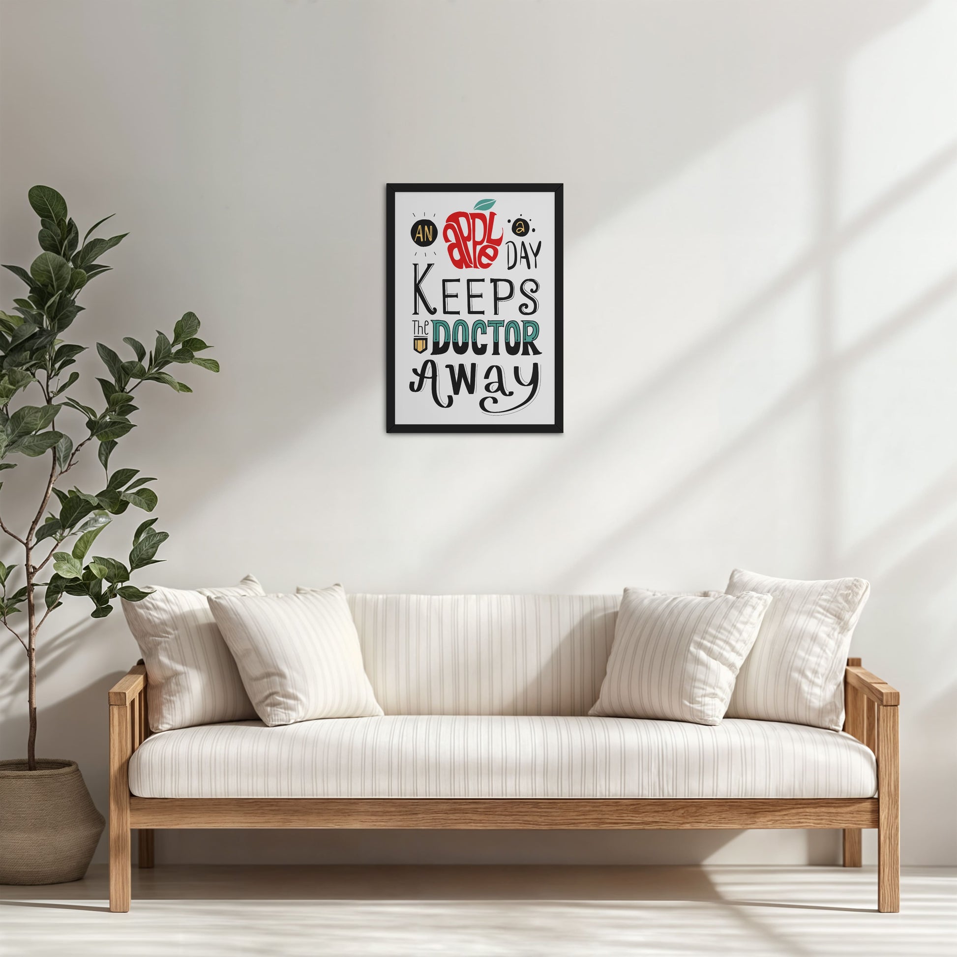 Living Room Cabinet Table Preview of One Apple Away – Keeps the Doctor Away Quote Wall Art in Black Color Frame