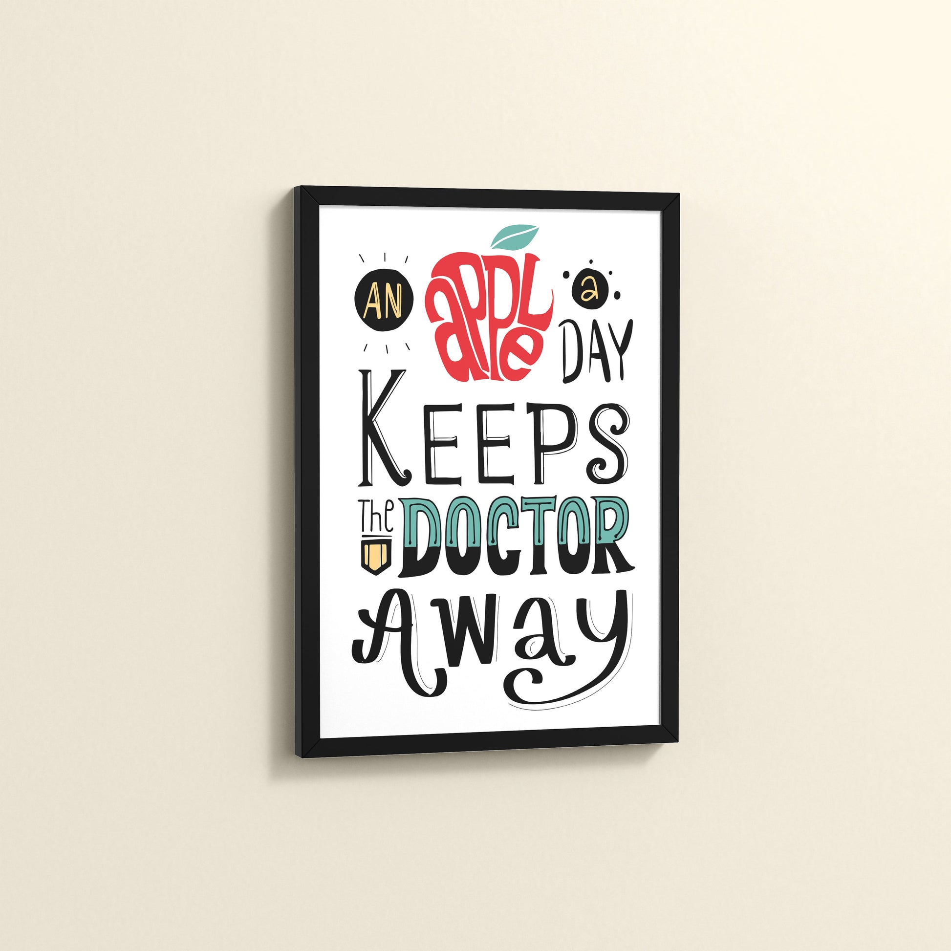 Side View of One Apple Away – Keeps the Doctor Away Quote Wall Art in Black Color Frame