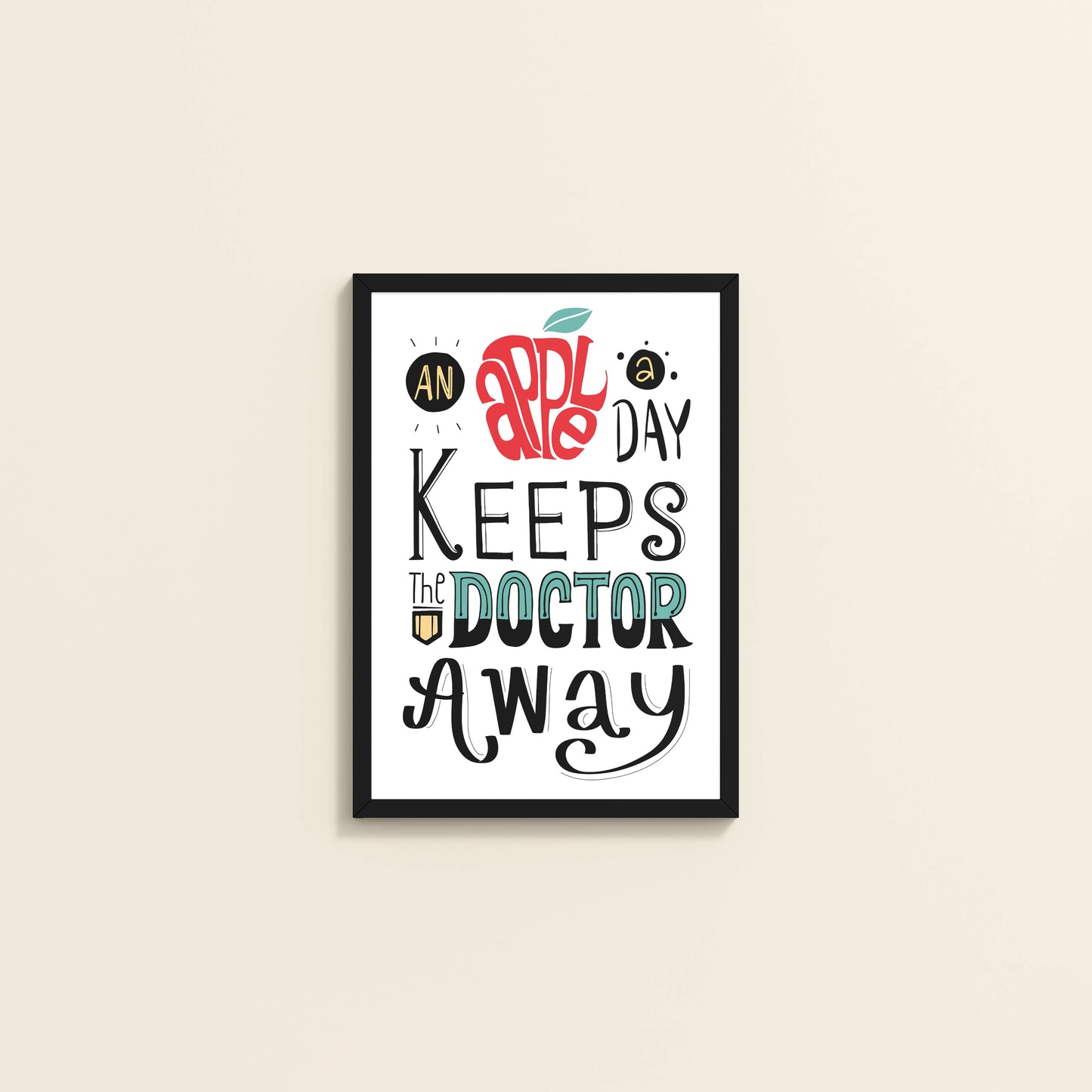 Wall View of One Apple Away – Keeps the Doctor Away Quote Wall Art in Black Color Frame