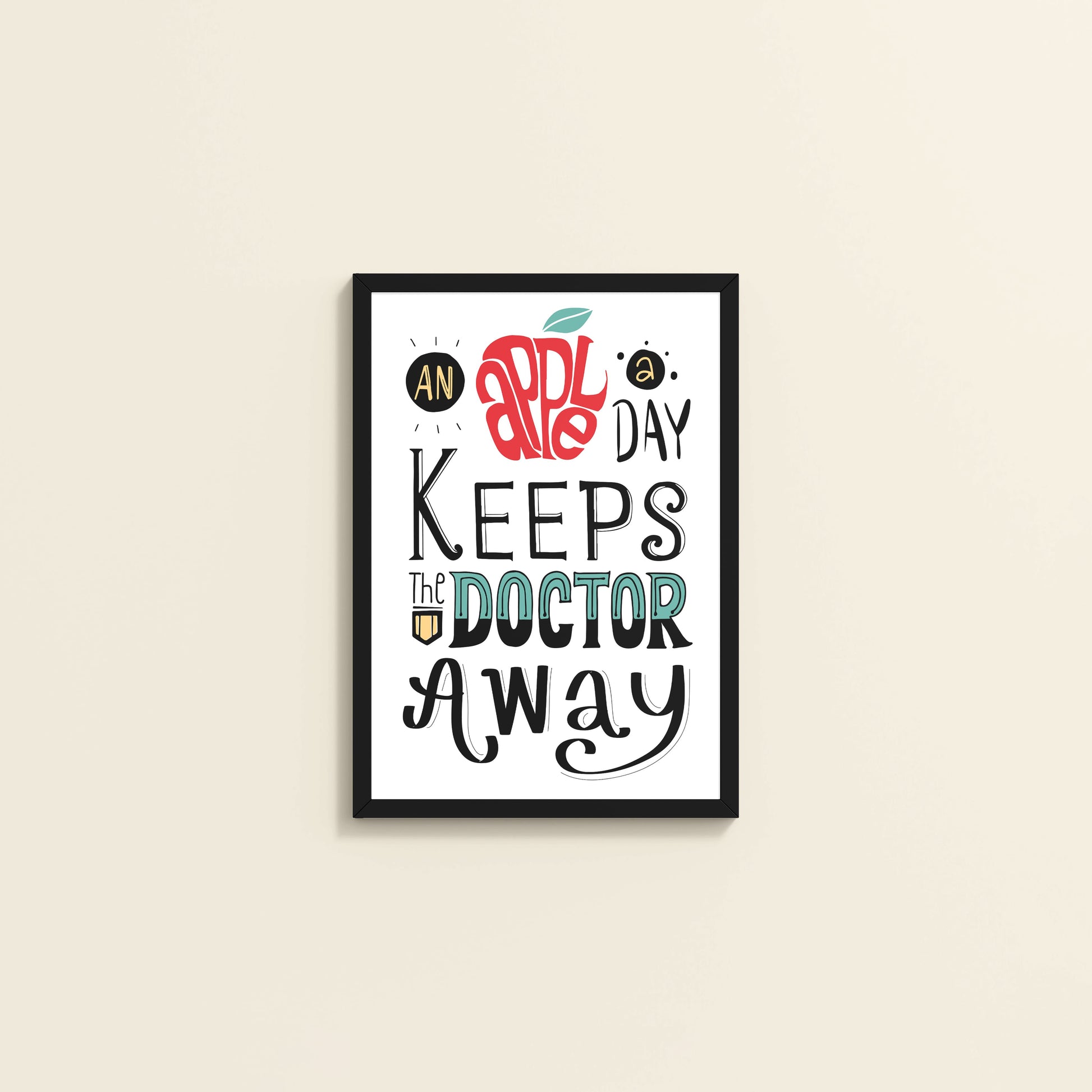 Wall View of One Apple Away – Keeps the Doctor Away Quote Wall Art in Black Color Frame