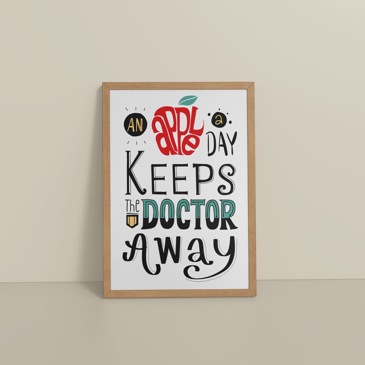 Floor View of One Apple Away – Keeps the Doctor Away Quote Wall Art in Natrual Color Frame