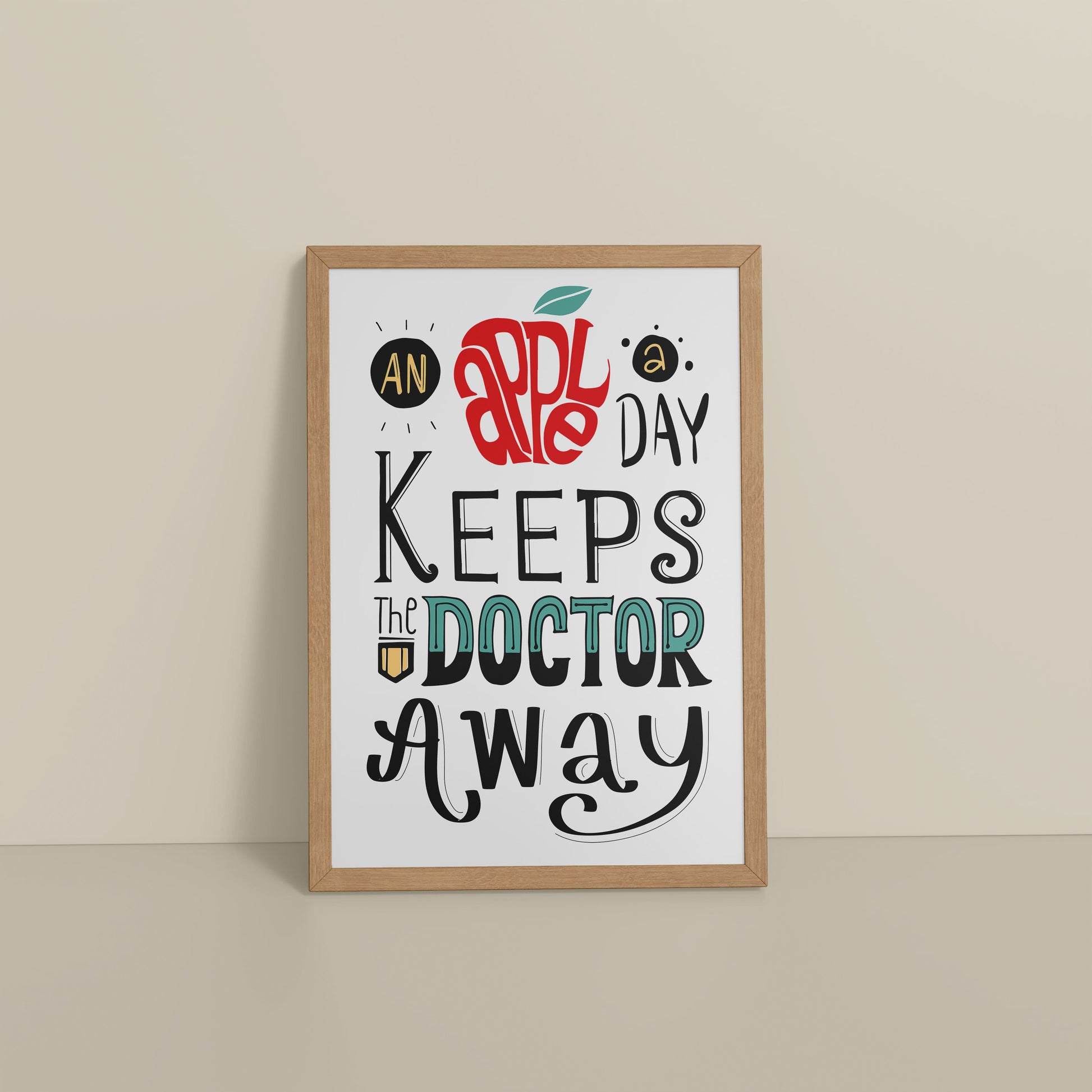 Floor View of One Apple Away – Keeps the Doctor Away Quote Wall Art in Natrual Color Frame