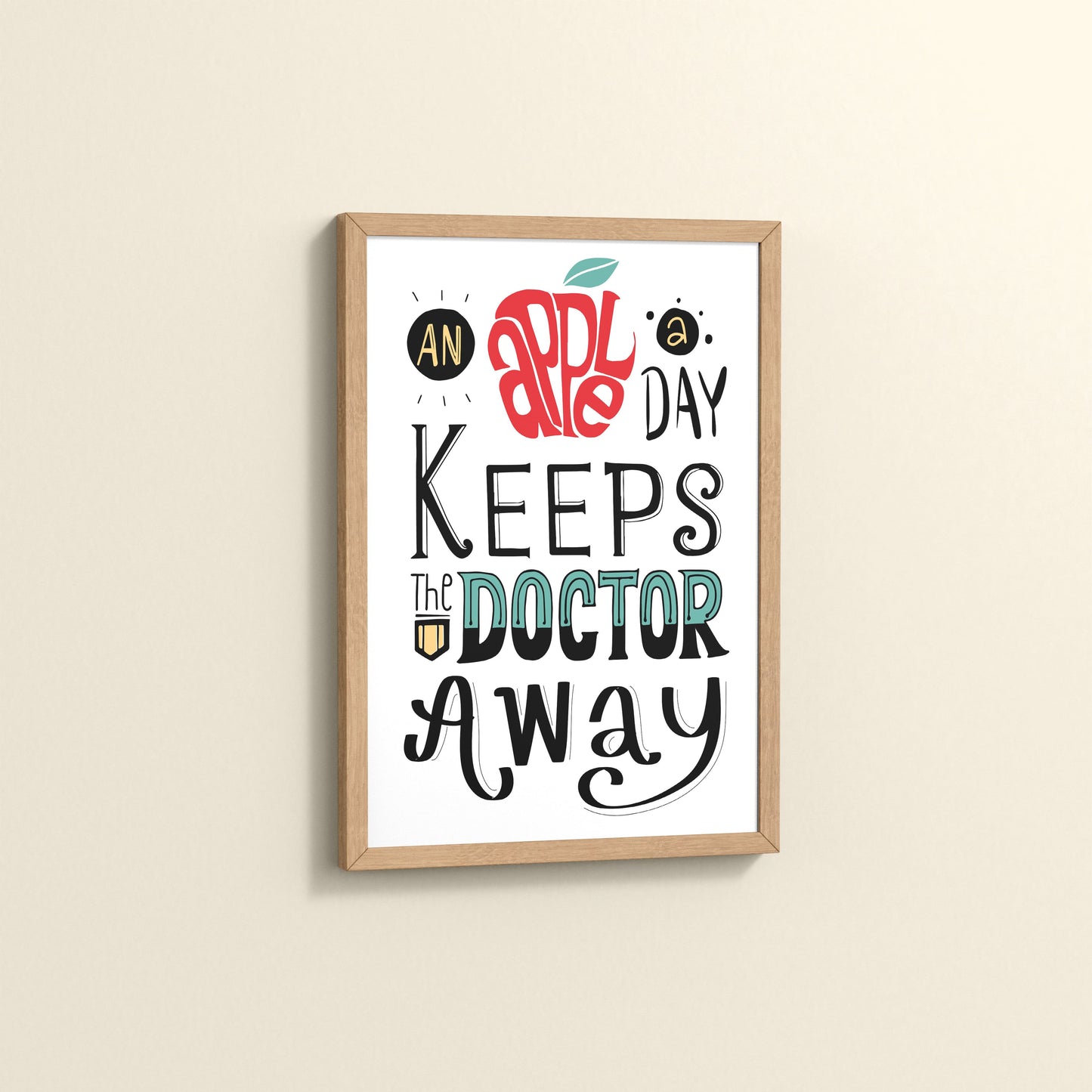 Side View of One Apple Away – Keeps the Doctor Away Quote Wall Art in Natrual Color Frame