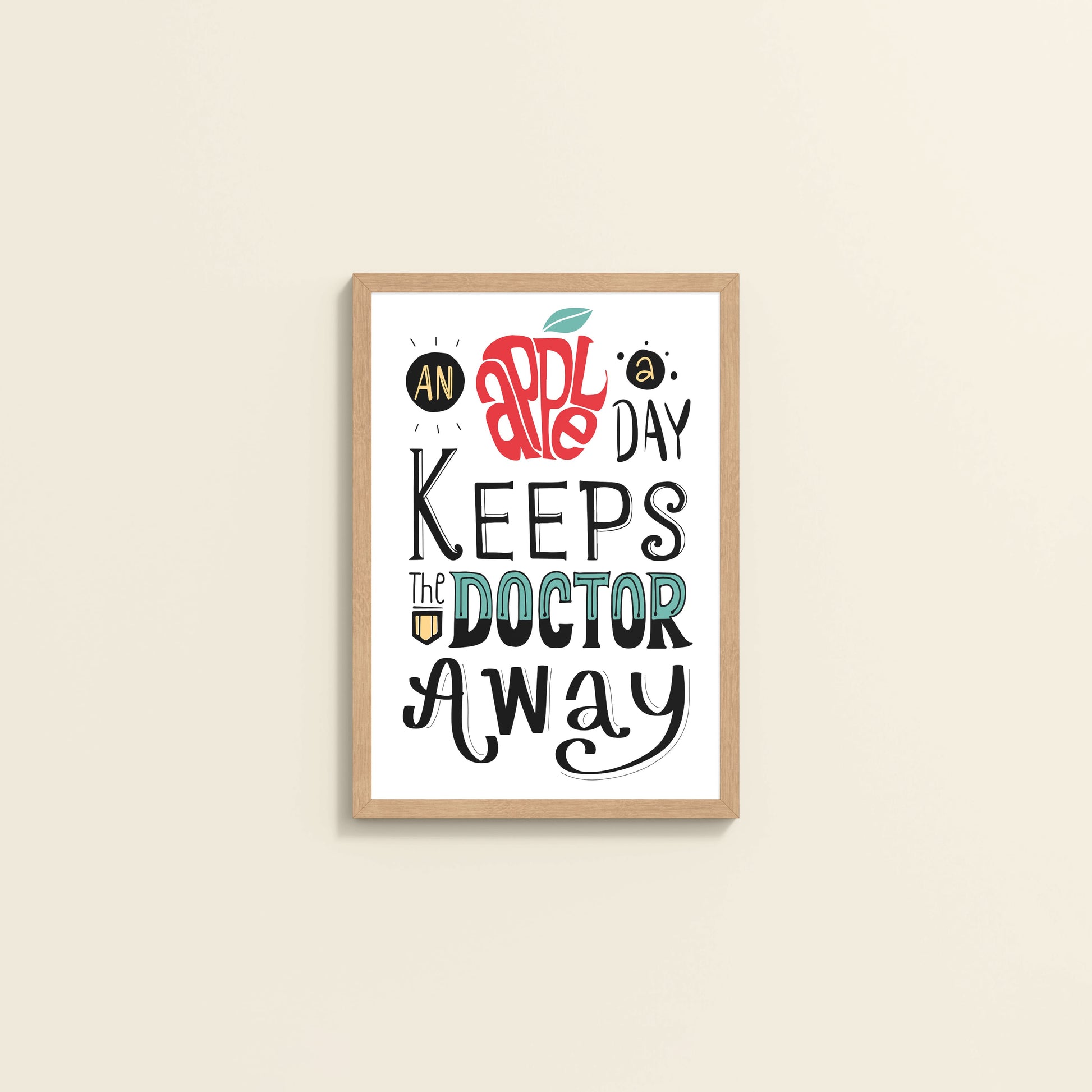 Wall View of One Apple Away – Keeps the Doctor Away Quote Wall Art in Natrual Color Frame