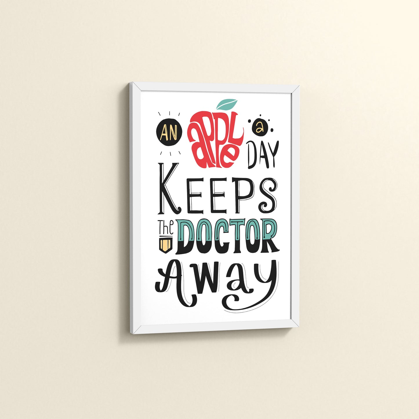 Side View of One Apple Away – Keeps the Doctor Away Quote Wall Art in White Color Frame