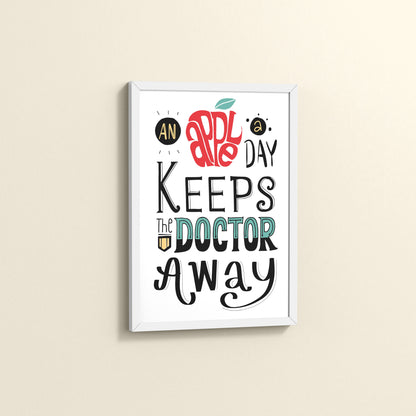 Side View of One Apple Away – Keeps the Doctor Away Quote Wall Art in White Color Frame