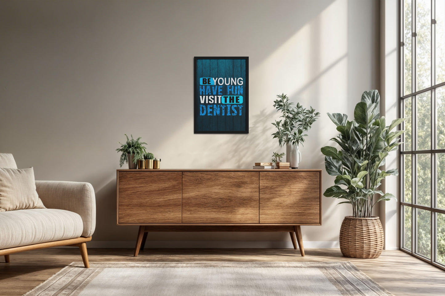 Living Room Cabinet Preview of Dental Vibes – Be Young, Have Fun Wall Art Frame in Black Color Frame