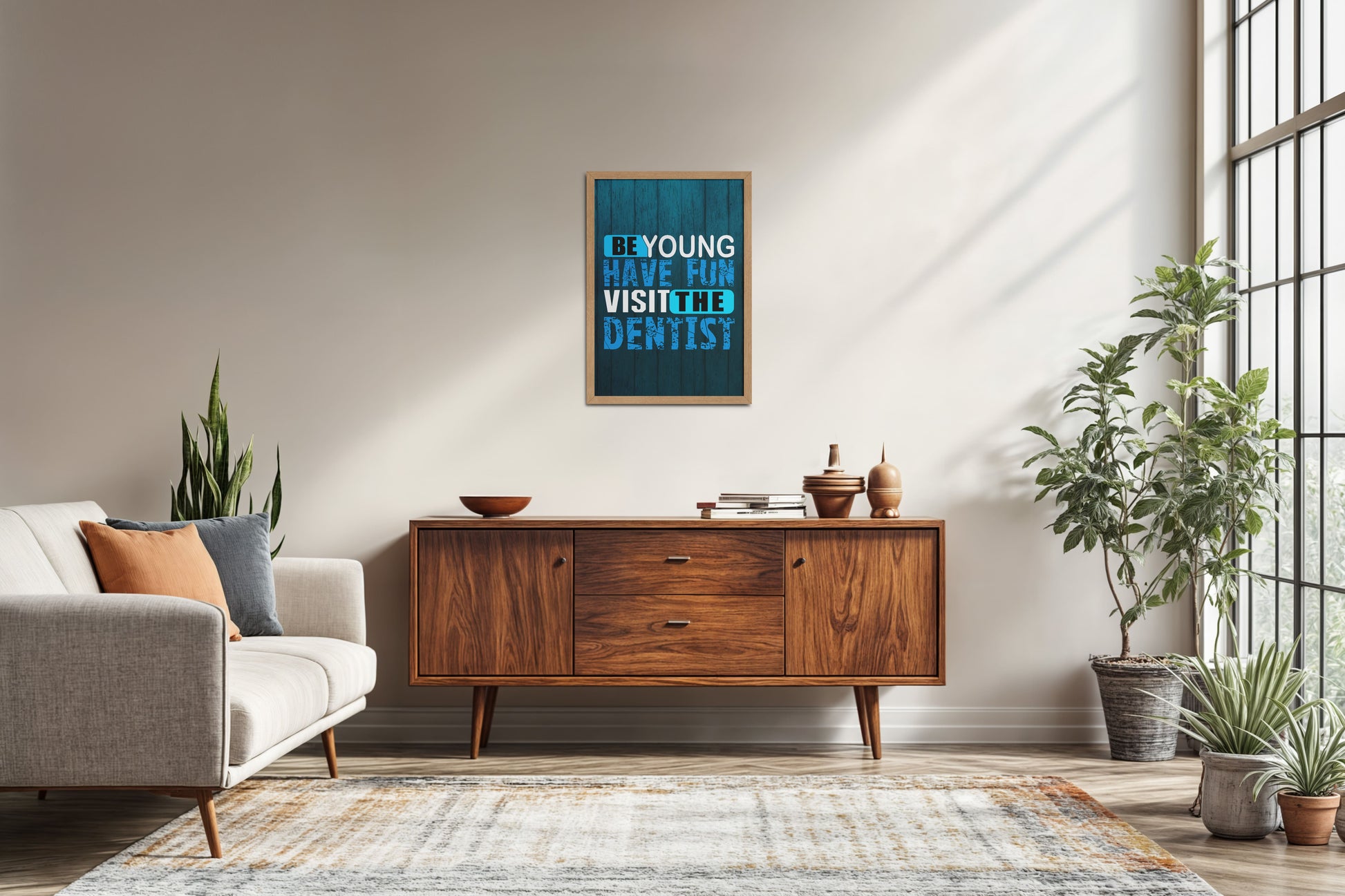 Living Room Sofa Preview of Dental Vibes – Be Young, Have Fun Wall Art Frame in Natrual Color Frame
