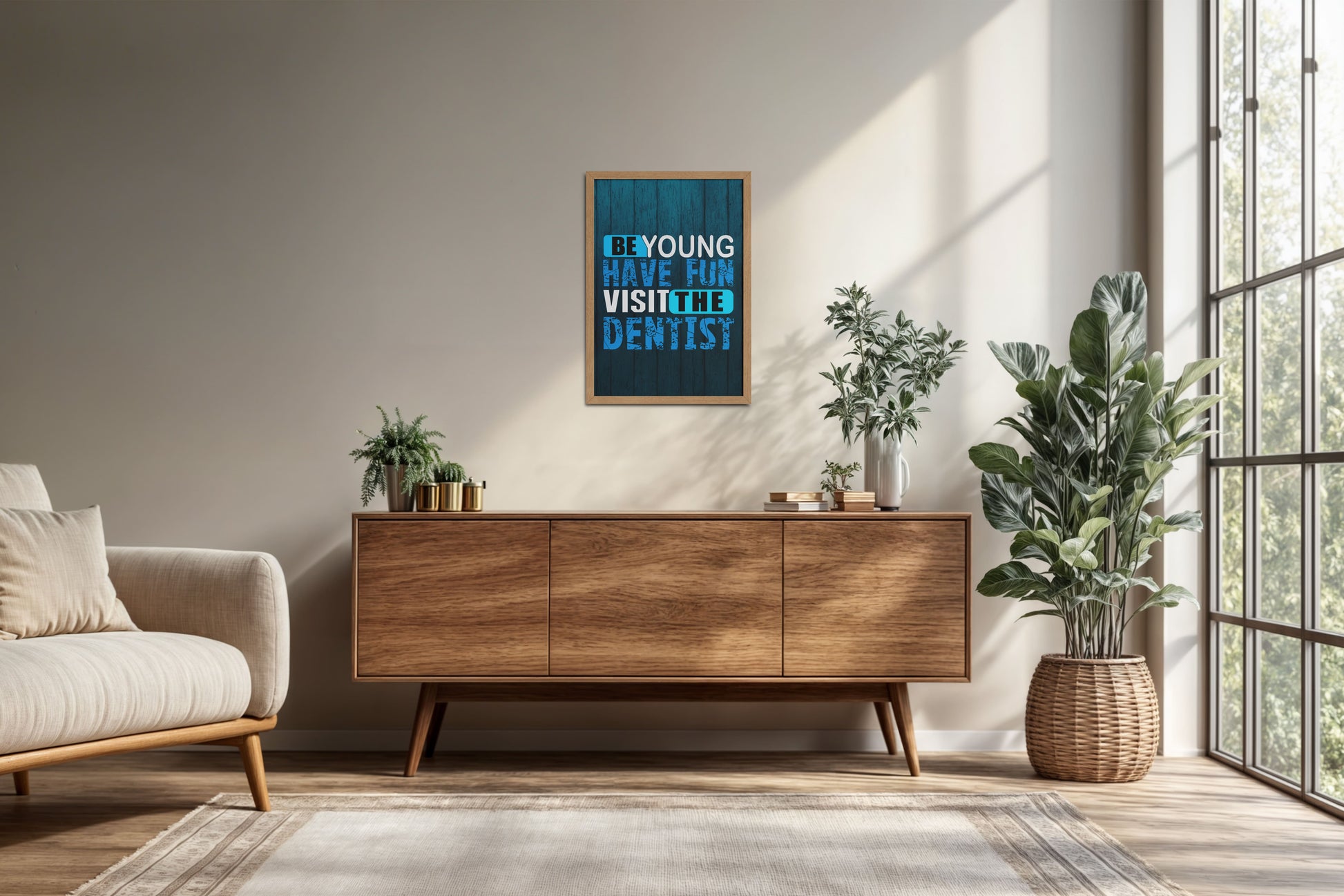Living Room Cabinet Preview of Dental Vibes – Be Young, Have Fun Wall Art Frame in Natrual Color Frame