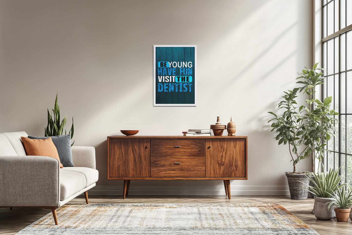 Living Room Sofa Preview of Dental Vibes – Be Young, Have Fun Wall Art Frame in White Color Frame