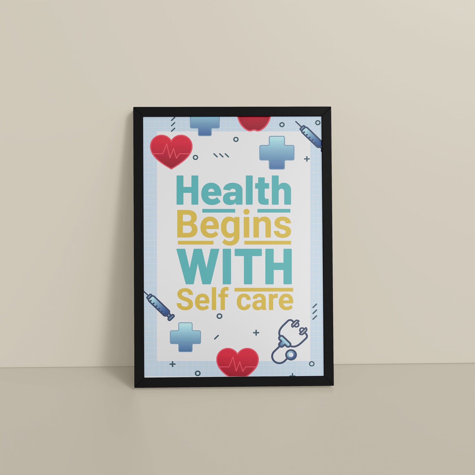 Floor View of Health Begins with Self Care Inspirational Quote Photo Frame in Black Color Frame