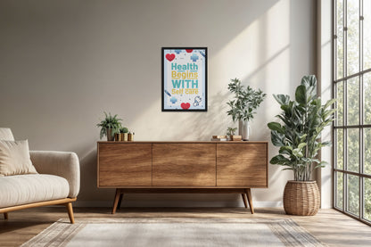 Living Room Cabinet Preview of Health Begins with Self Care Inspirational Quote Photo Frame in Black Color Frame