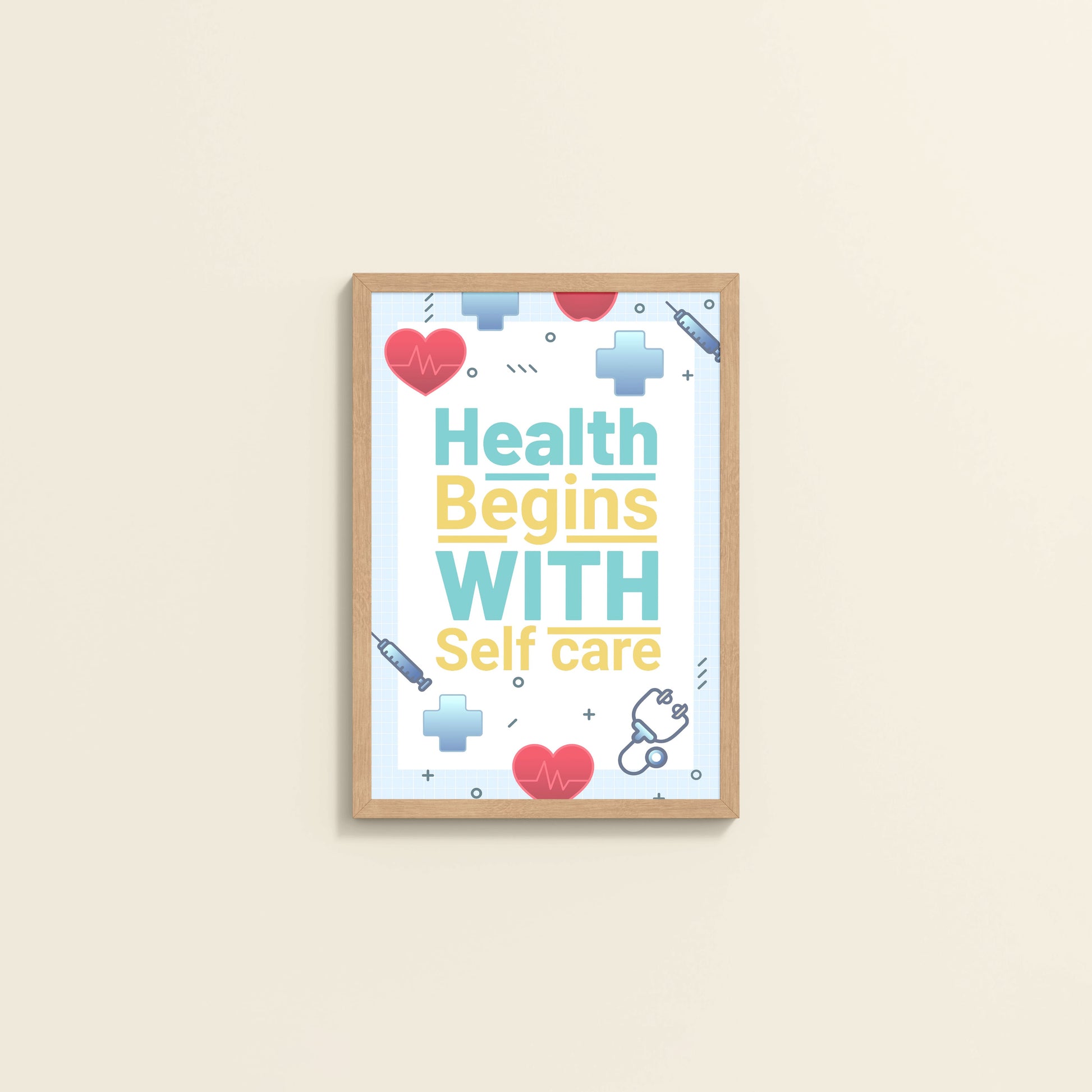 Wall View of Health Begins with Self Care Inspirational Quote Photo Frame in Natrual Color Frame