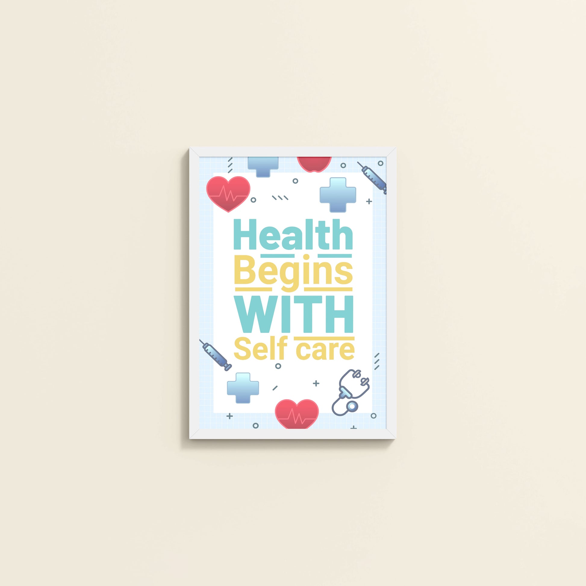 Wall View of Health Begins with Self Care Inspirational Quote Photo Frame in White Color Frame