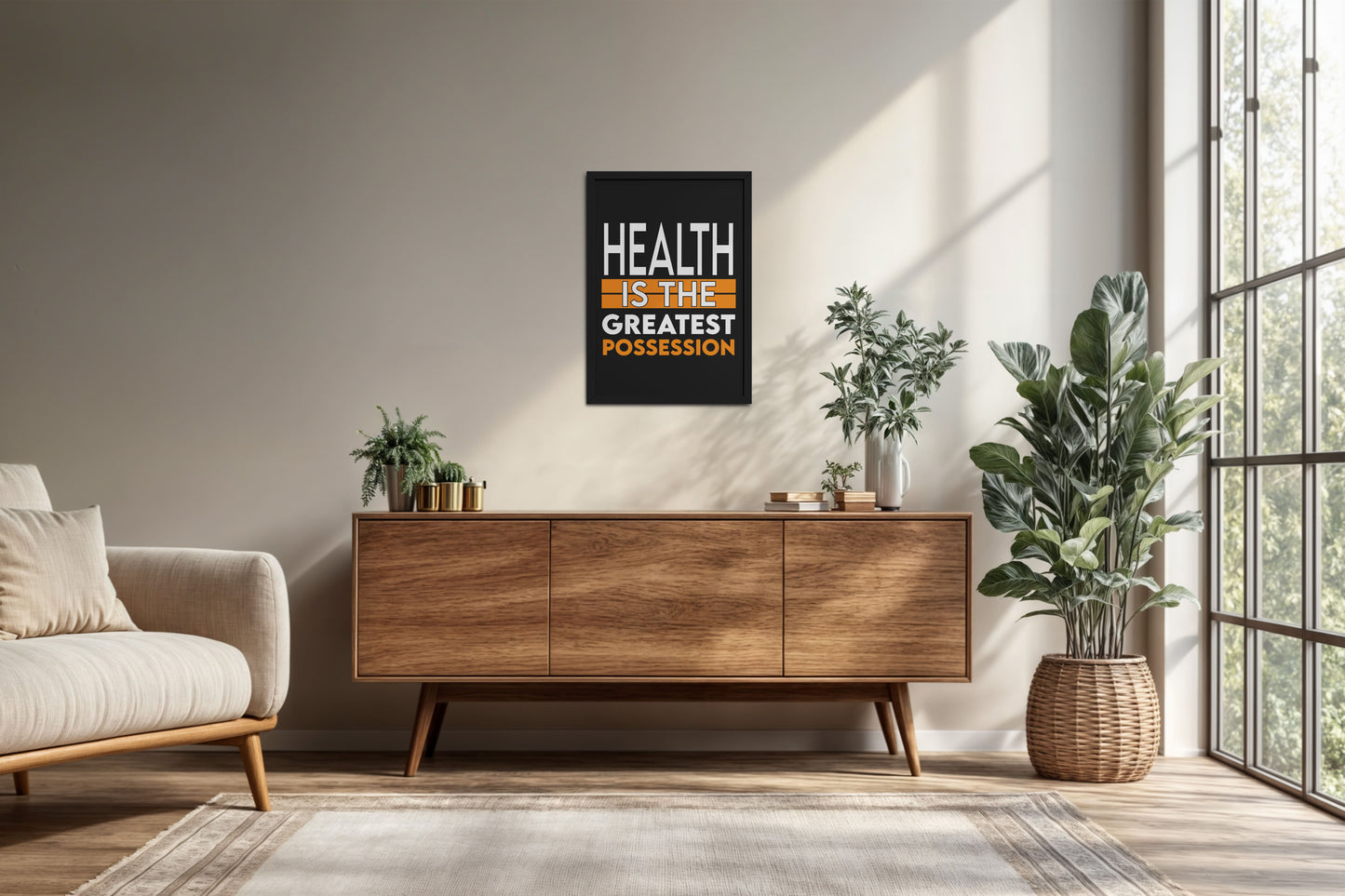 Living Room Cabinet Preview of Greatest Wealth – Health Motivational Quote Frame in Black Color Frame