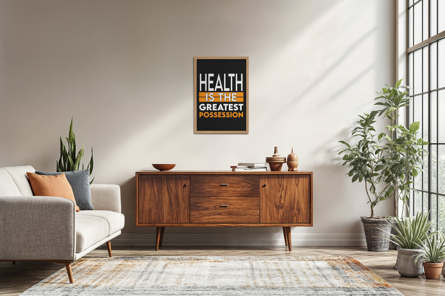 Living Room Sofa Preview of Greatest Wealth – Health Motivational Quote Frame in Natrual Color Frame