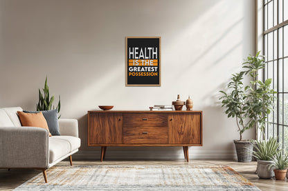 Living Room Sofa Preview of Greatest Wealth – Health Motivational Quote Frame in Natrual Color Frame