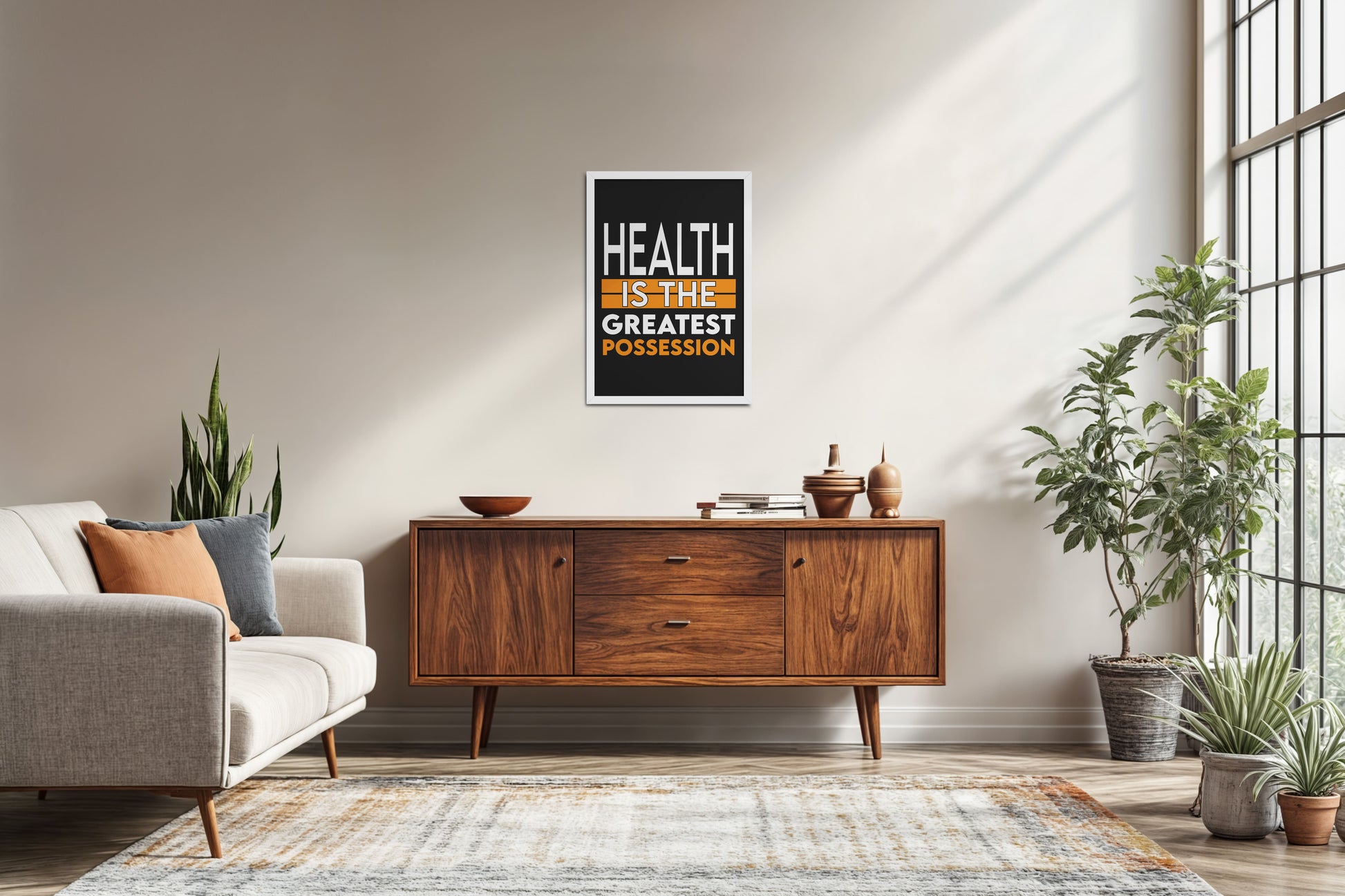 Living Room Sofa Preview of Greatest Wealth – Health Motivational Quote Frame in White Color Frame