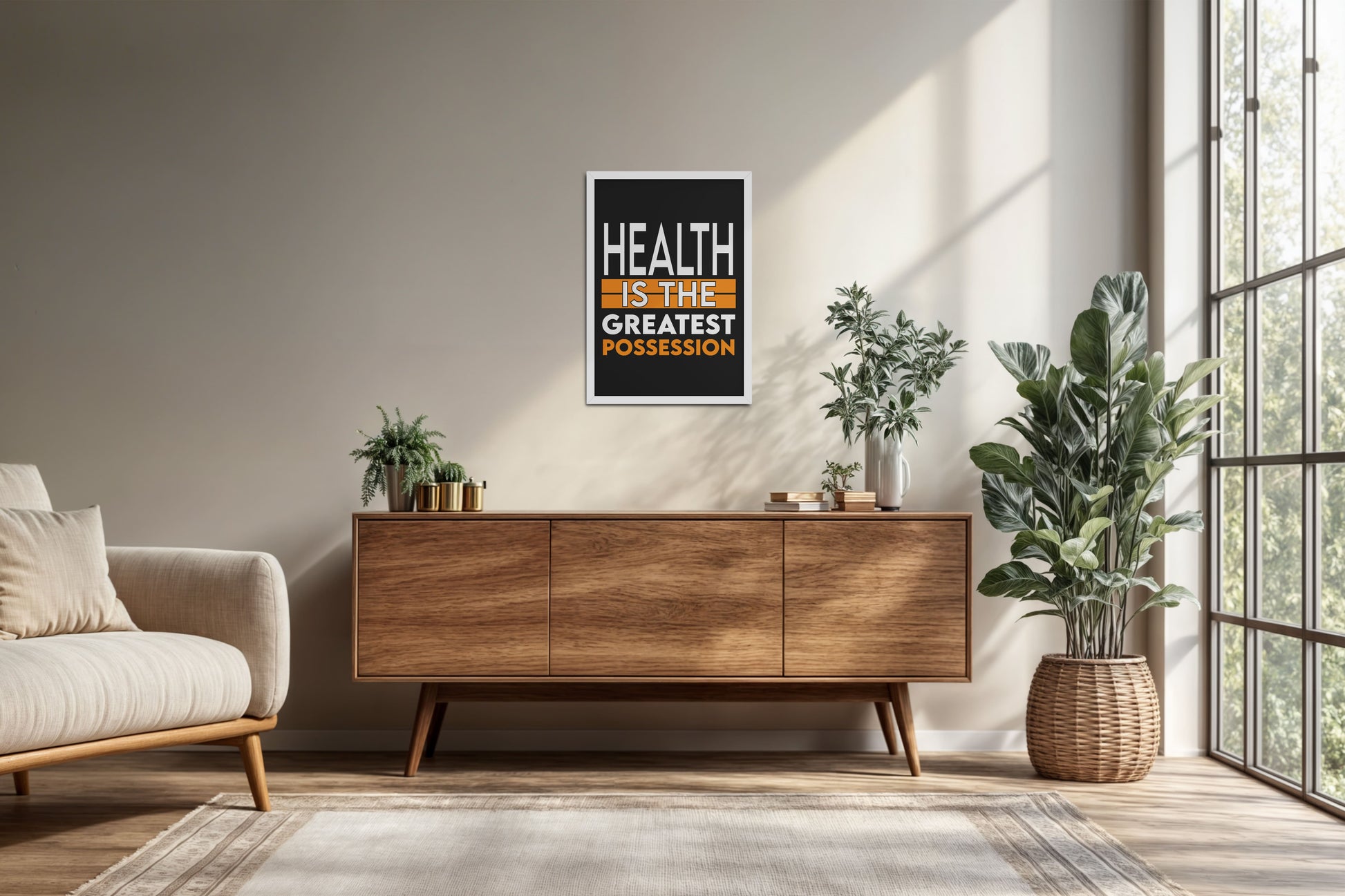 Living Room Cabinet Preview of Greatest Wealth – Health Motivational Quote Frame in White Color Frame