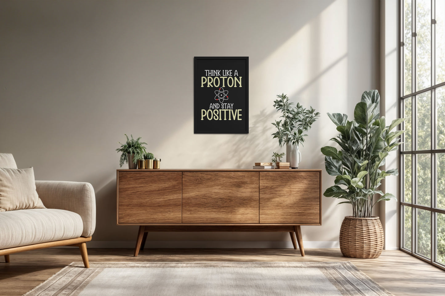 Living Room Cabinet Preview of Stay Positive – Think Like a Proton Motivational Quote Frame in Black Color Frame