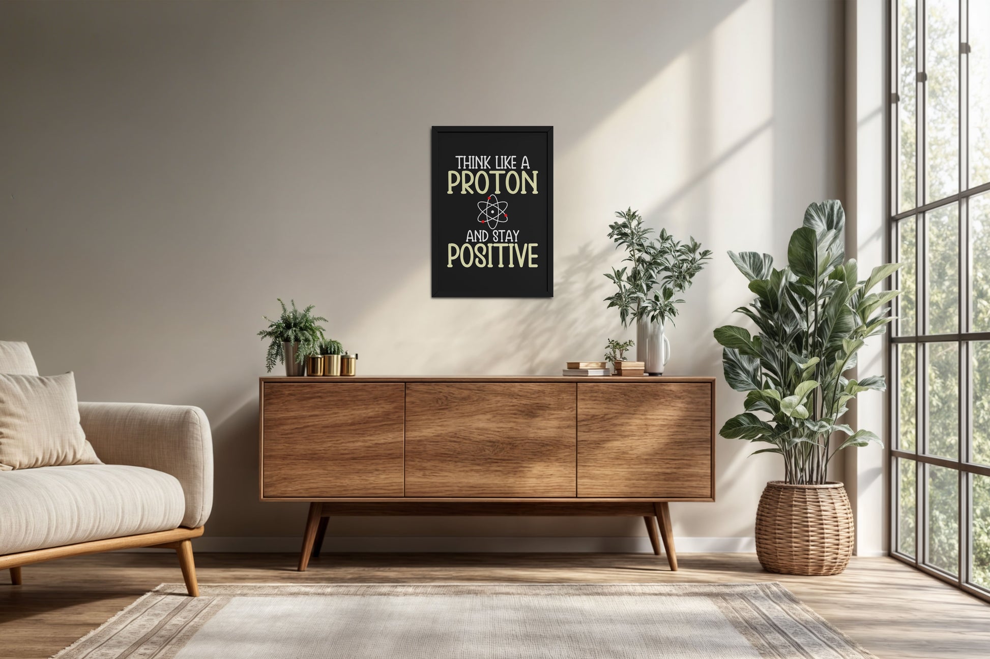 Living Room Cabinet Preview of Stay Positive – Think Like a Proton Motivational Quote Frame in Black Color Frame
