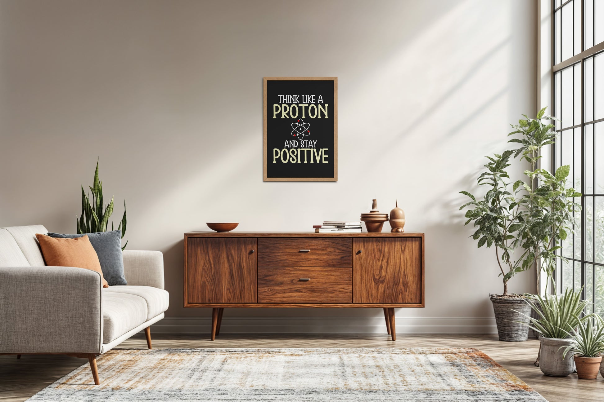 Living Room Sofa Preview of Stay Positive – Think Like a Proton Motivational Quote Frame in Natrual Color Frame