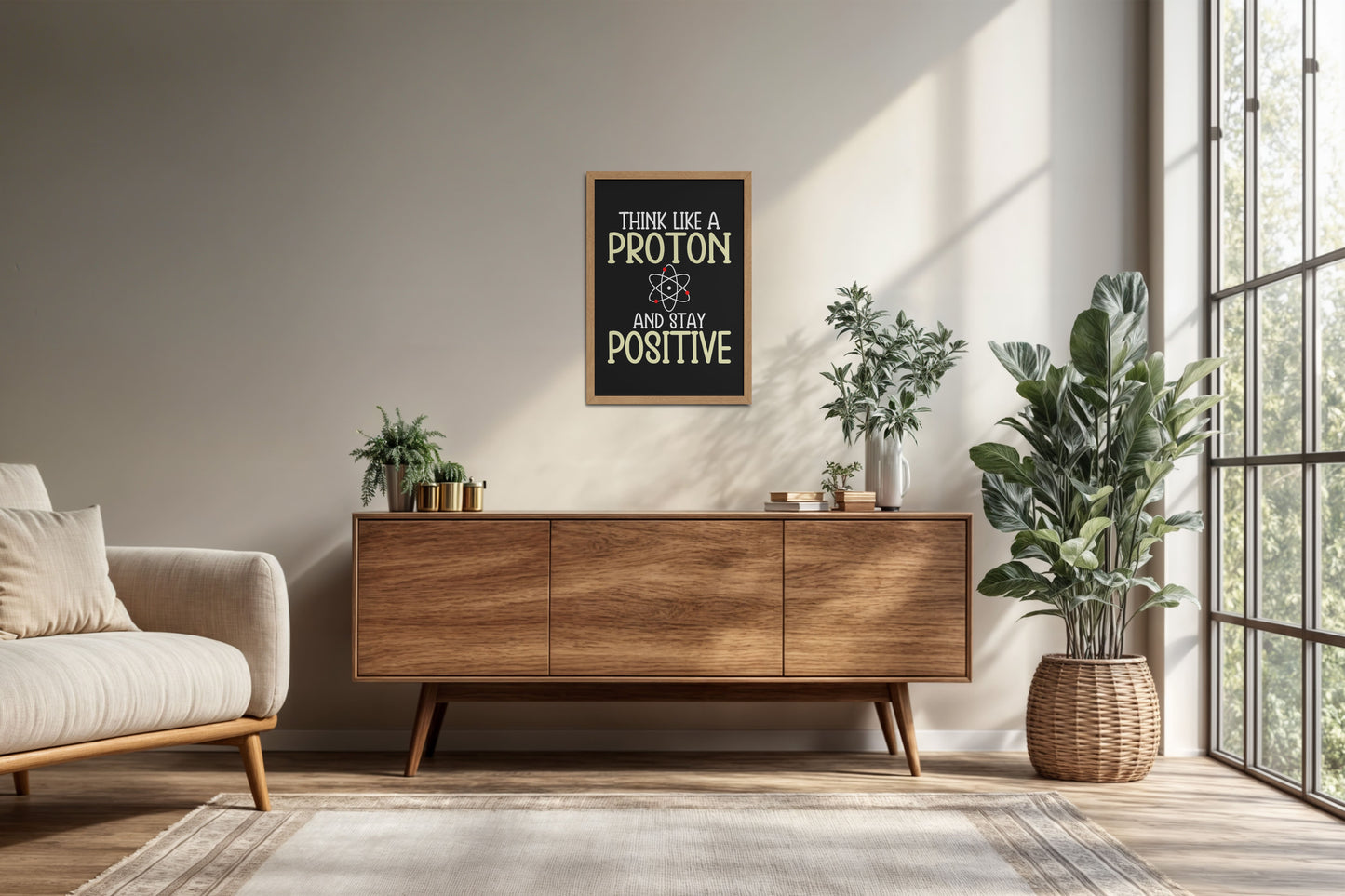 Living Room Cabinet Preview of Stay Positive – Think Like a Proton Motivational Quote Frame in Natrual Color Frame