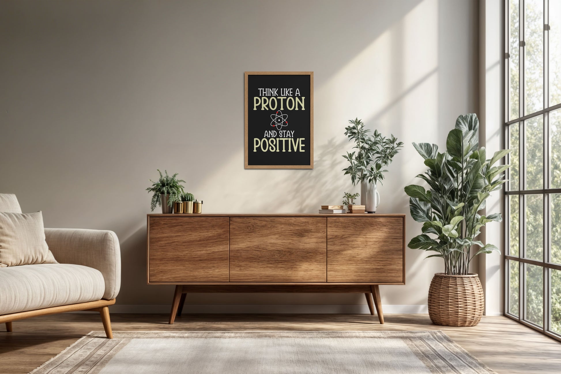 Living Room Cabinet Preview of Stay Positive – Think Like a Proton Motivational Quote Frame in Natrual Color Frame
