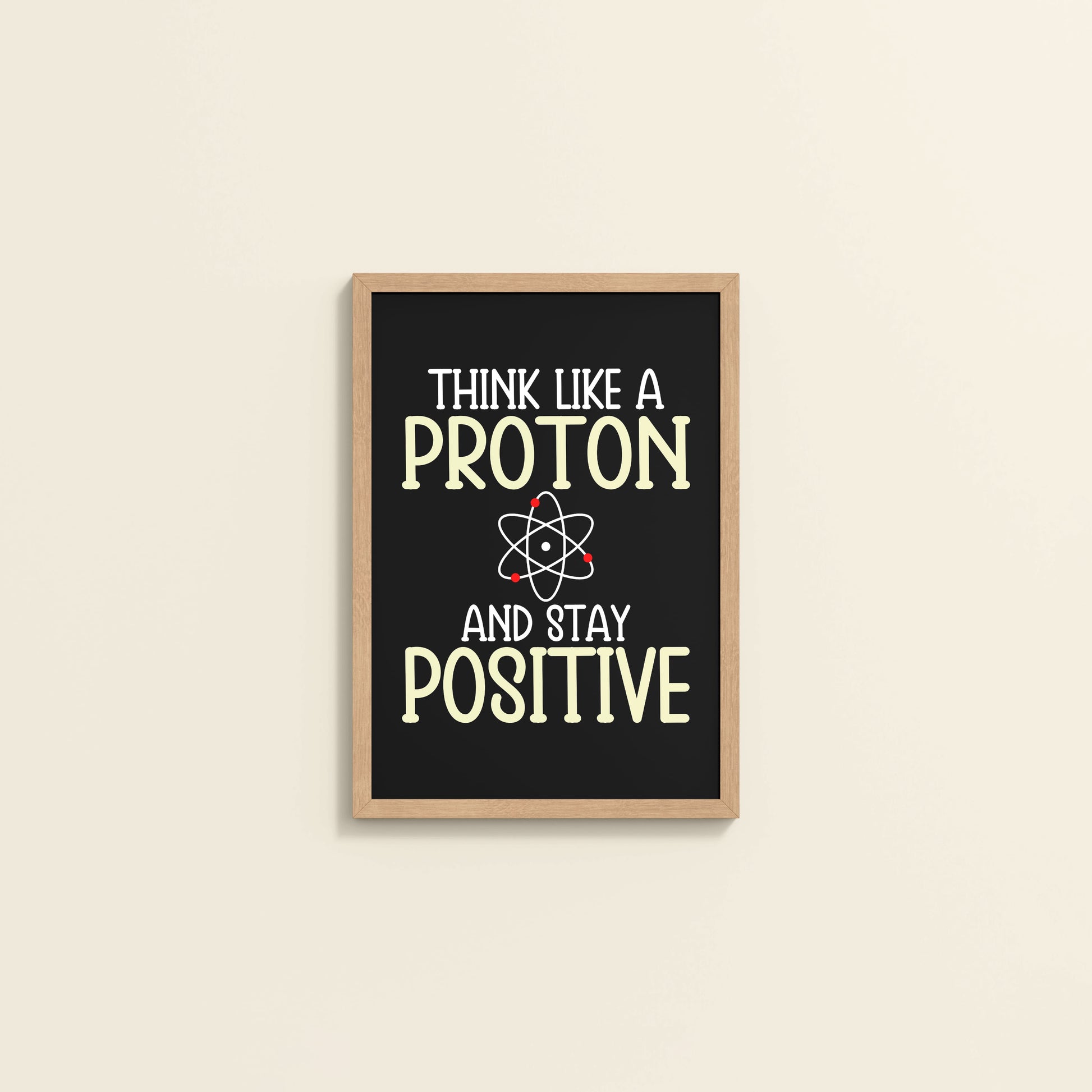 Wall View of Stay Positive – Think Like a Proton Motivational Quote Frame in Natrual Color Frame