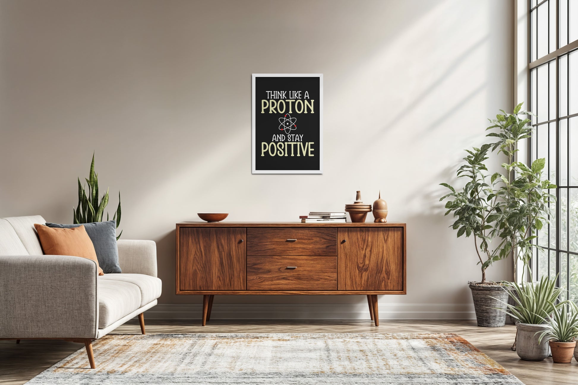 Living Room Sofa Preview of Stay Positive – Think Like a Proton Motivational Quote Frame in White Color Frame