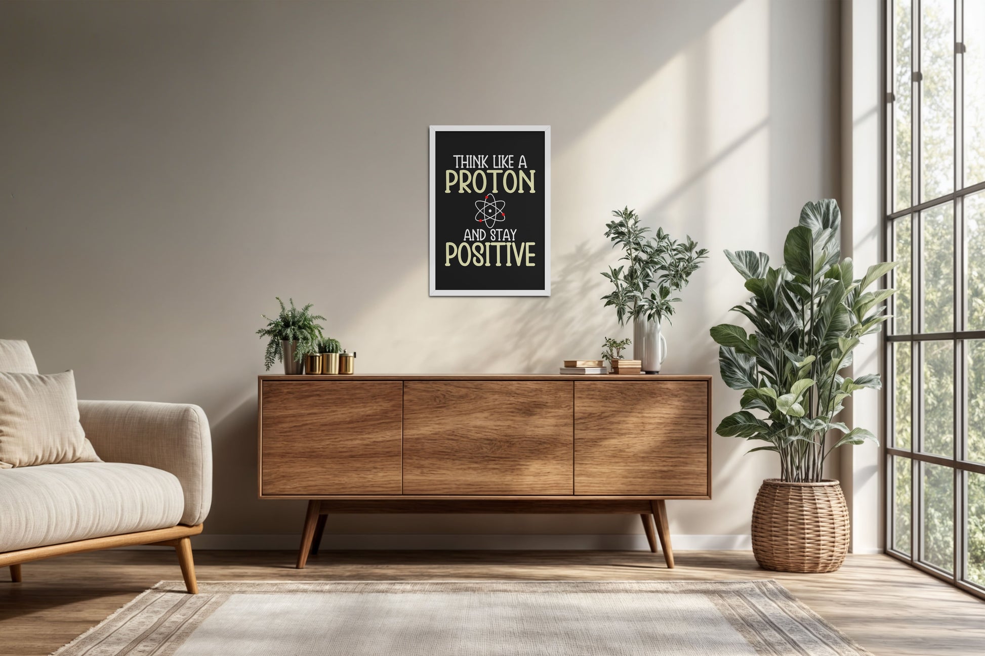 Living Room Cabinet Preview of Stay Positive – Think Like a Proton Motivational Quote Frame in White Color Frame