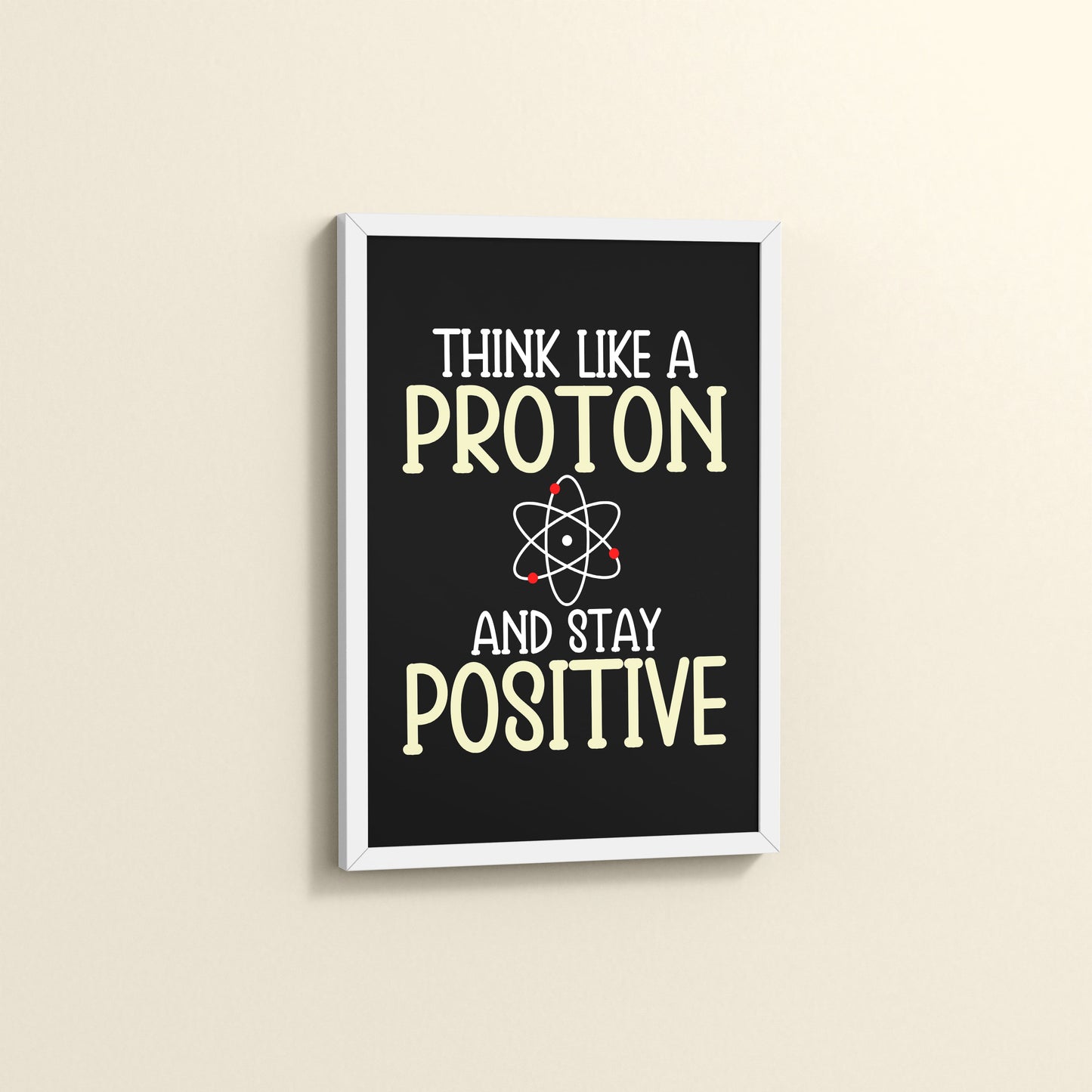 Side View of Stay Positive – Think Like a Proton Motivational Quote Frame in White Color Frame