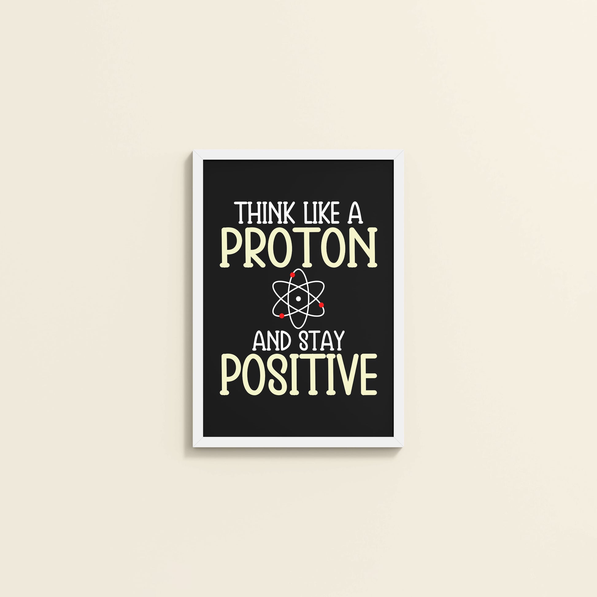 Wall View of Stay Positive – Think Like a Proton Motivational Quote Frame in White Color Frame