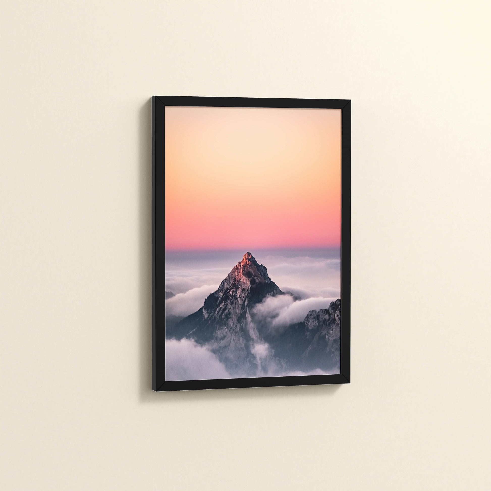 Side View of Heaven’s Edge – Mountain Summit above the Clouds in Frame in Black Color Frame