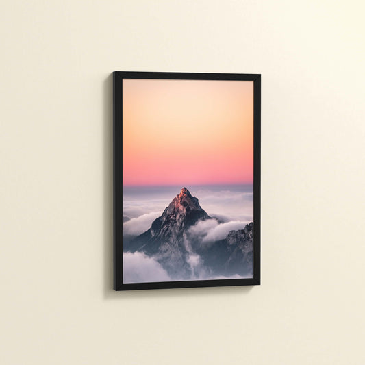 Side View of Heaven’s Edge – Mountain Summit above the Clouds in Frame in Black Color Frame