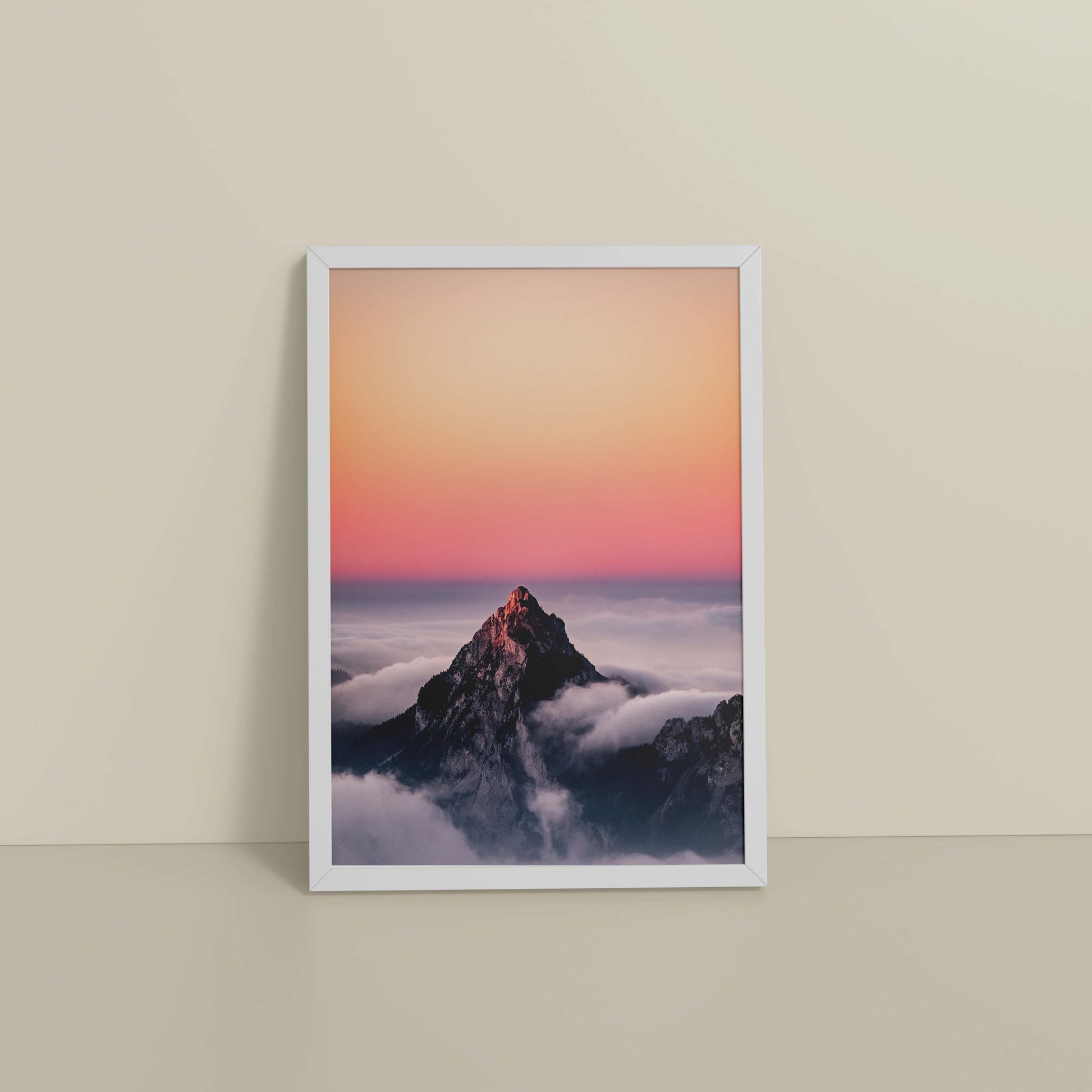 Floor View of Heaven’s Edge – Mountain Summit above the Clouds in Frame in White Color Frame