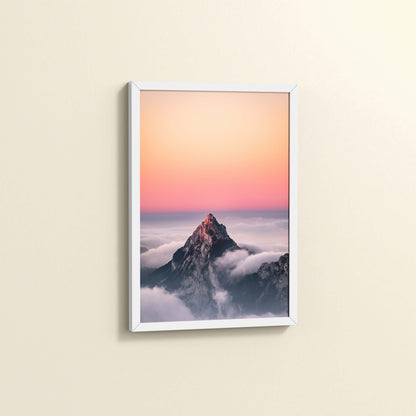 Side View of Heaven’s Edge – Mountain Summit above the Clouds in Frame in White Color Frame