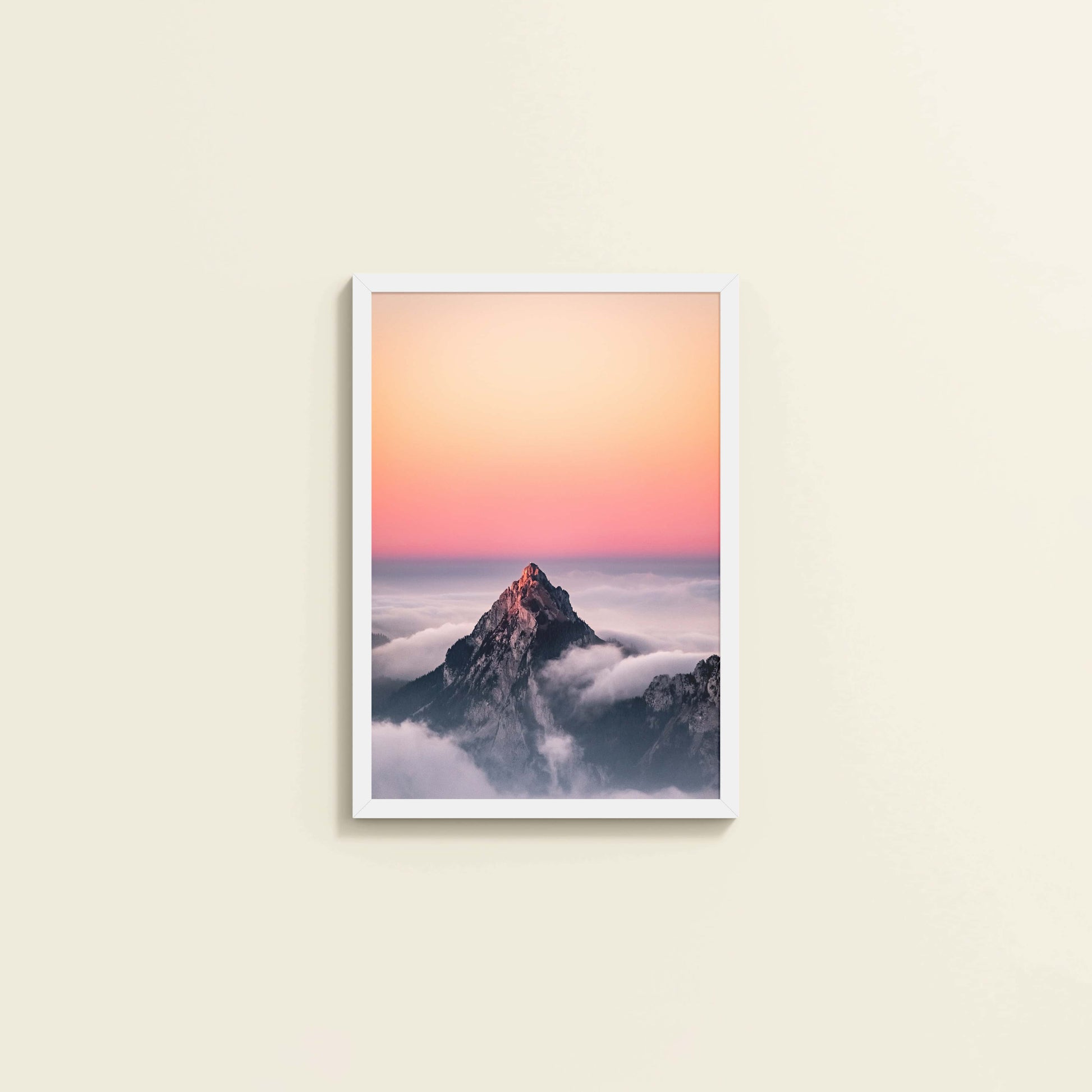 Wall View of Heaven’s Edge – Mountain Summit above the Clouds in Frame in White Color Frame
