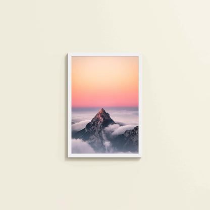 Wall View of Heaven’s Edge – Mountain Summit above the Clouds in Frame in White Color Frame