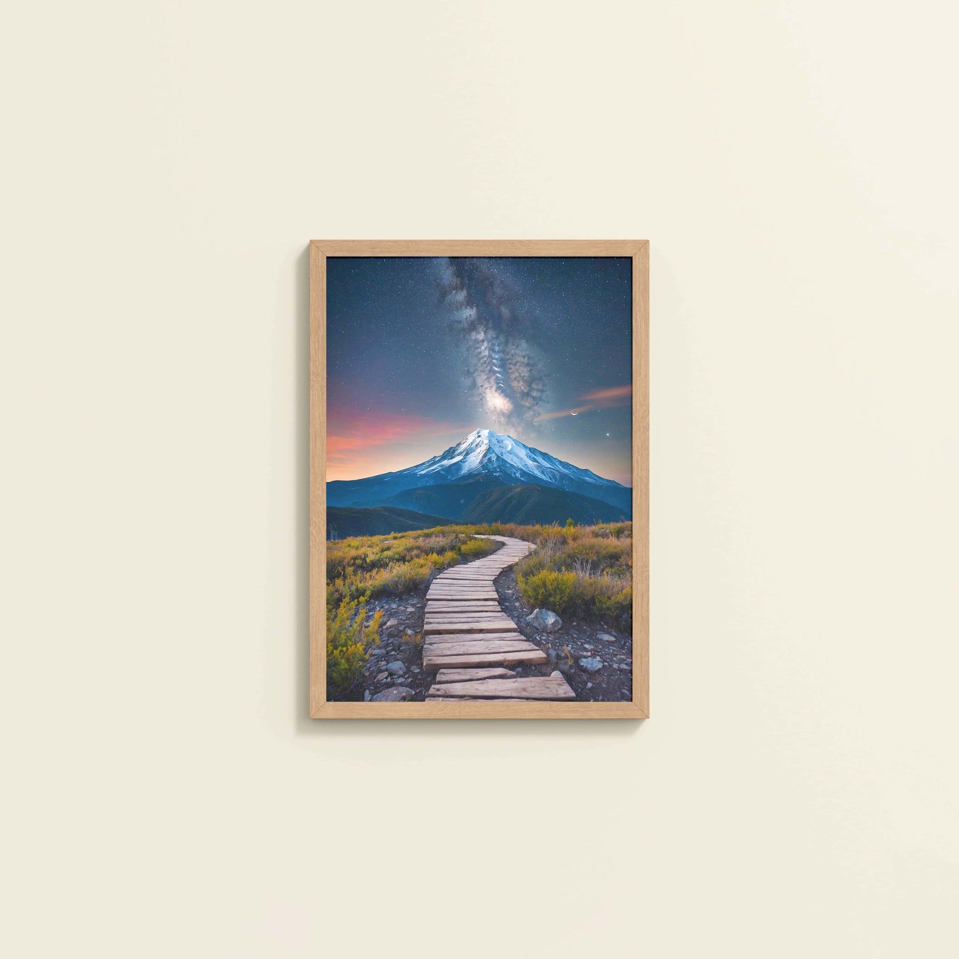 Wall View of Path to the Peak – Snowcapped Summit Wall Art in Natrual Color Frame