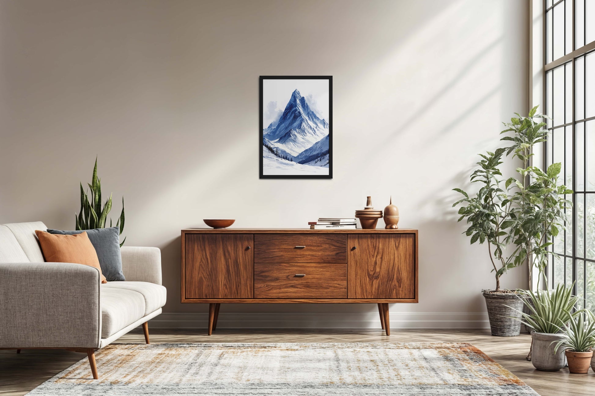 Living Room Sofa Preview of Winter Majesty – Snowy Mountain Peak in Wall Decor in Black Color Frame