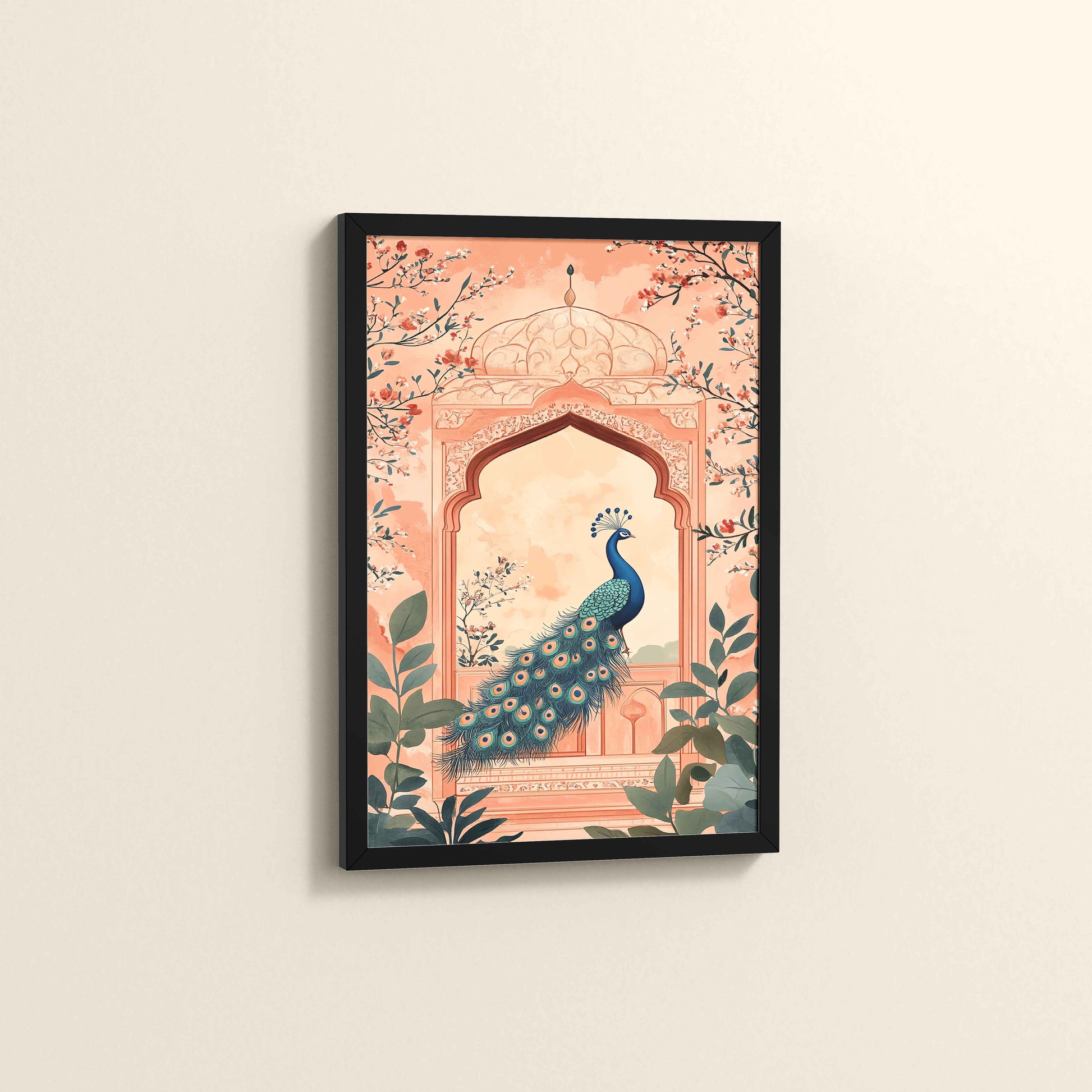 Side View of Graceful Peacock in Mughal Art – Traditional Wall Decor Painting in Black Color Frame