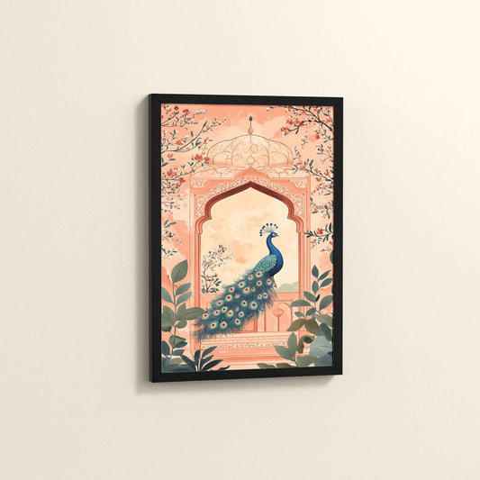 Side View of Graceful Peacock in Mughal Art – Traditional Wall Decor Painting in Black Color Frame